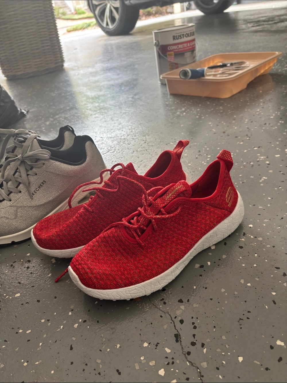 Skechers women red orange Knit Slip-On Sneakers with White Sole